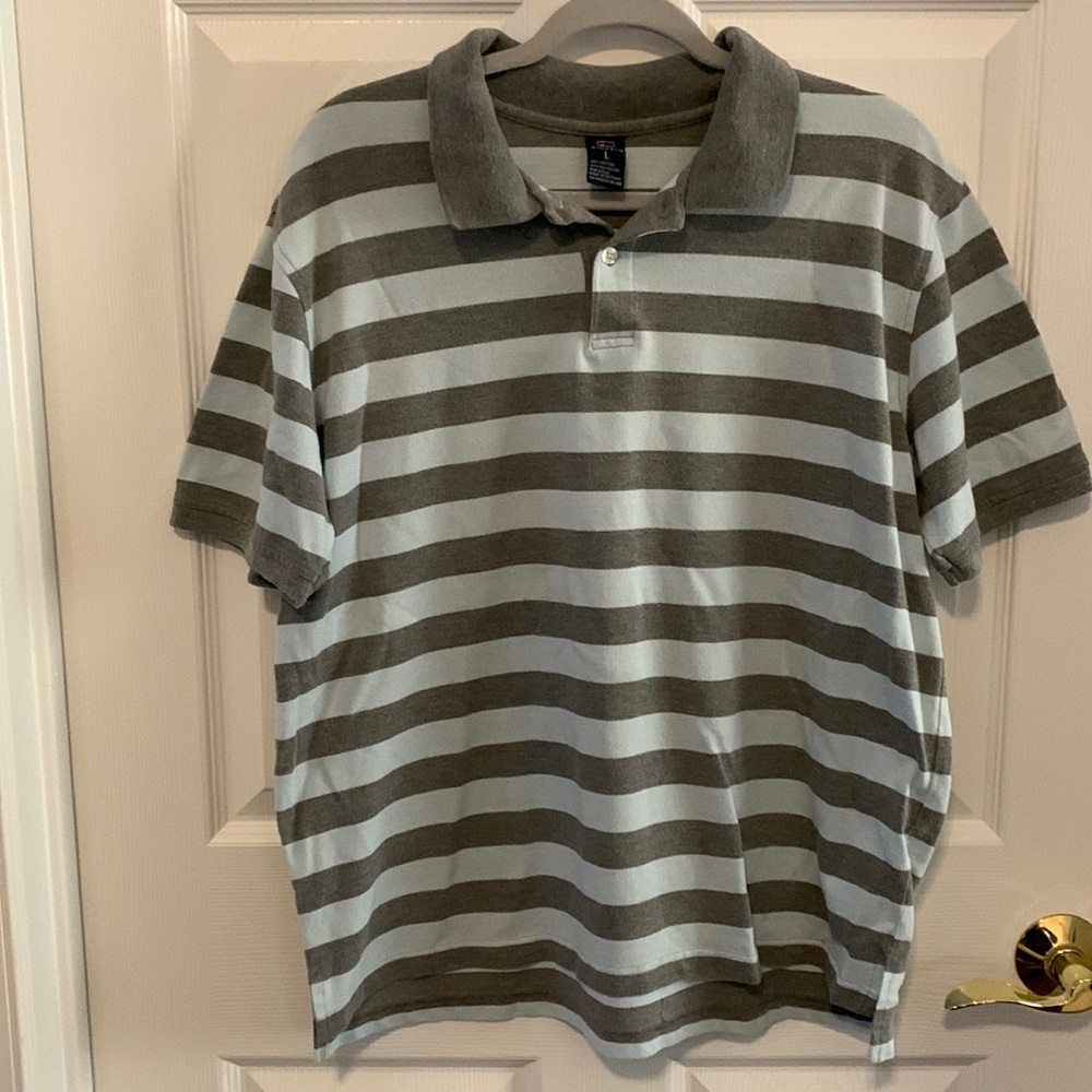 Bugle Boy polo style shirt with grey and baby blue stripes. Men’s size Large.
